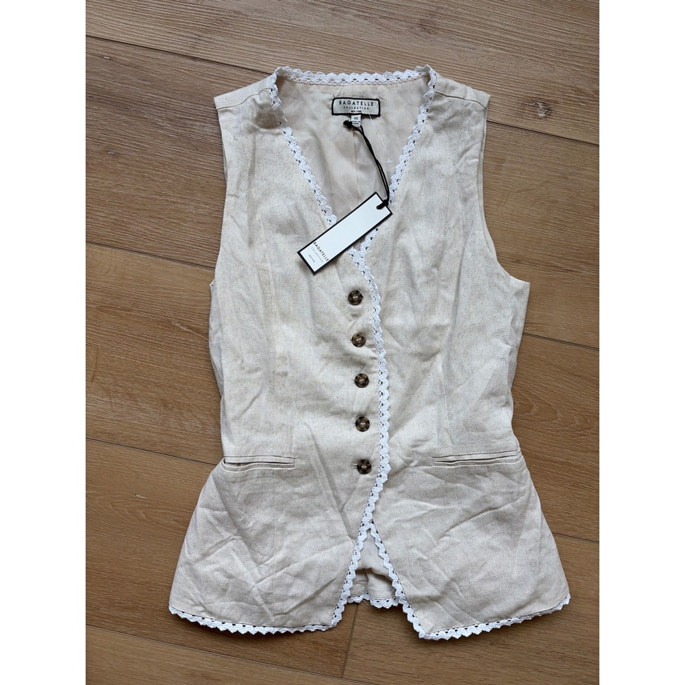 Bagatelle Collection Linen Blend Lace Trim Vest Beige size XS Boho Cottagecore